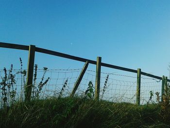 Low angle view of fence against clear blue sky