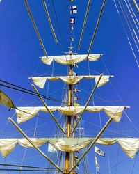 Low angle view of sailboat against blue sky