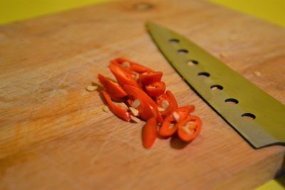 High angle view of chopped vegetables on cutting board