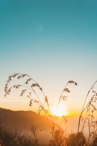 Silhouette landscape against clear sky during sunset