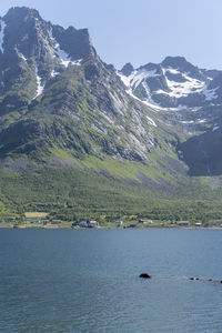 Scenic view of sea and mountains against sky