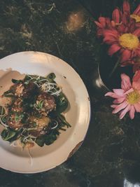 High angle view of meal served on table