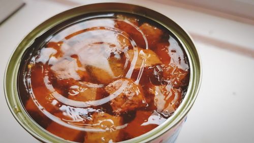 High angle view of soup in bowl on table