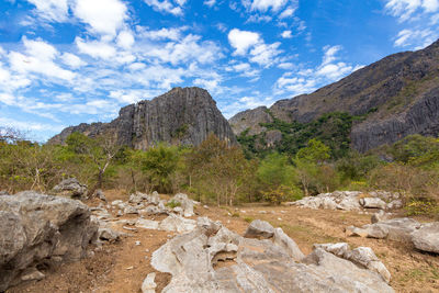 Rock formations on landscape against sky