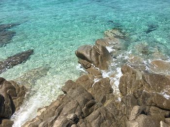 High angle view of rocks in sea