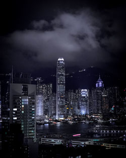 Aerial view of illuminated buildings in city at night