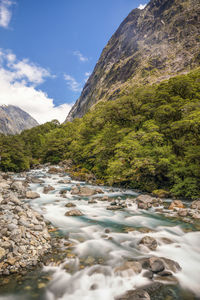 View of falls creek waterefall river near milford sound area at fiordland national park, new zealand