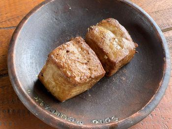 High angle view of bread in plate on table