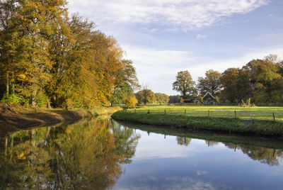 Scenic view of lake by trees against sky