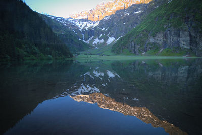 Scenic view of lake and mountains against sky