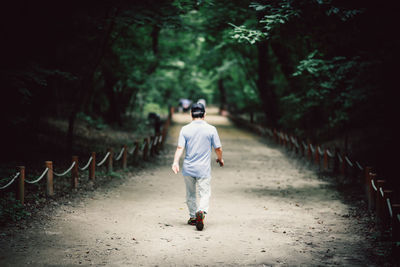 Rear view of man walking on road
