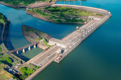 Aerial view of the itaipu hydroelectric dam on the parana river.