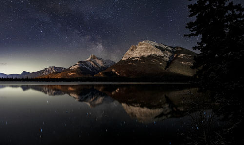 Milky way reflected in lake with snowcapped mountain