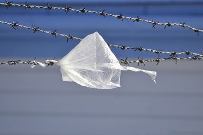 Low angle view of barbed wire against sky