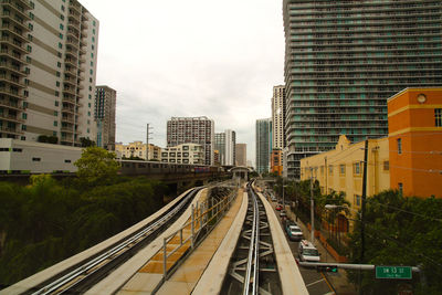 Railway tracks in city against sky