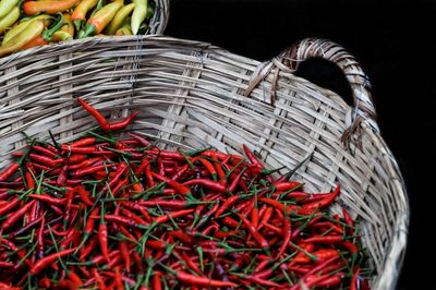 Close-up of red chili peppers in basket