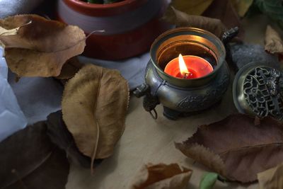 High angle view of burning candles