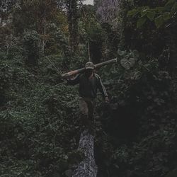 Rear view of woman standing on rock in forest