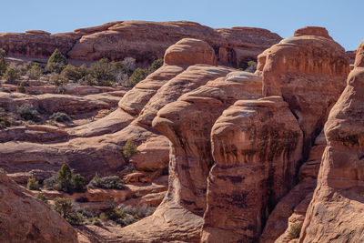 Full frame view of sandstone formations against a clear blue sky on a sunny day