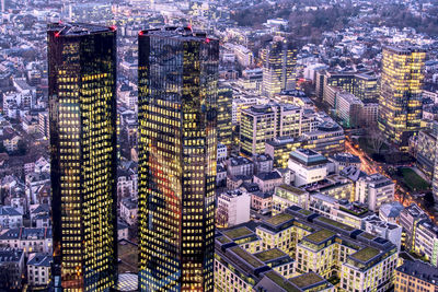 High angle view of modern buildings in city