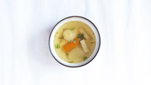 High angle view of soup in bowl