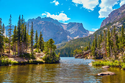 Scenic view of lake by trees against sky