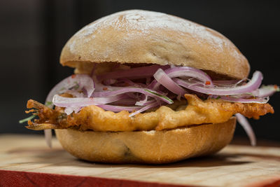 Close-up of burger on table
