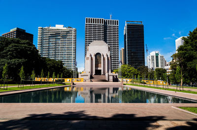 Reflection of buildings in swimming pool