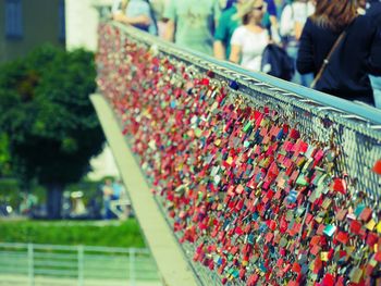 Love locks on railing of bridge