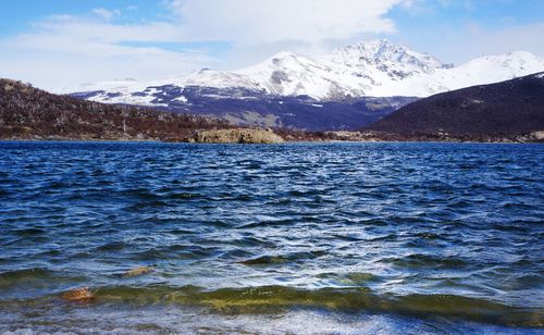 Scenic view of snowcapped mountains against sky