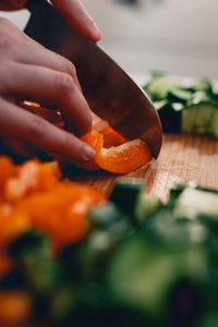 Midsection of person preparing food on cutting board