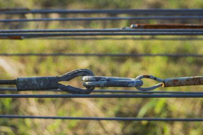 Close-up of chain on fence