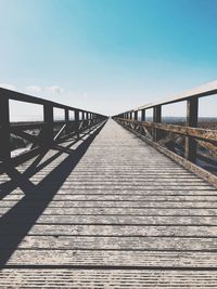 Surface level of footbridge against clear sky