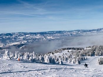 People skiing on snowcapped mountain against sky during winter