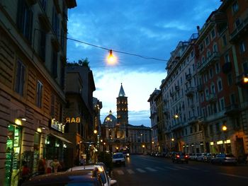 View of city lit up at night