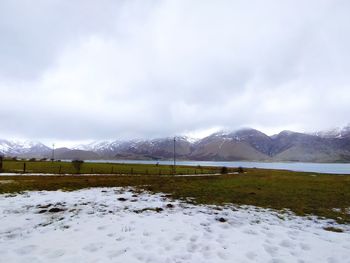 Scenic view of snowcapped mountains against sky