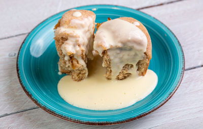 High angle view of dessert in plate on table