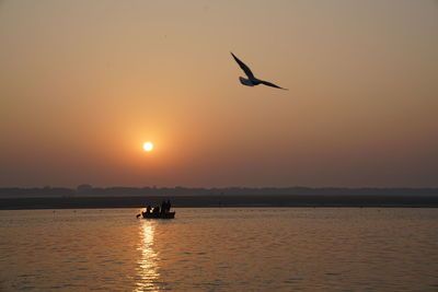 Silhouette bird flying over lake against sky during sunset