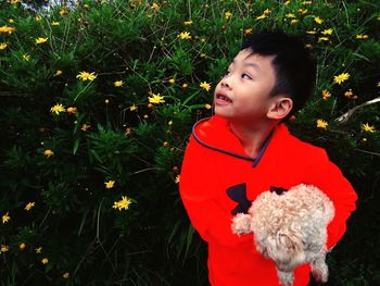 Boy with red flowers