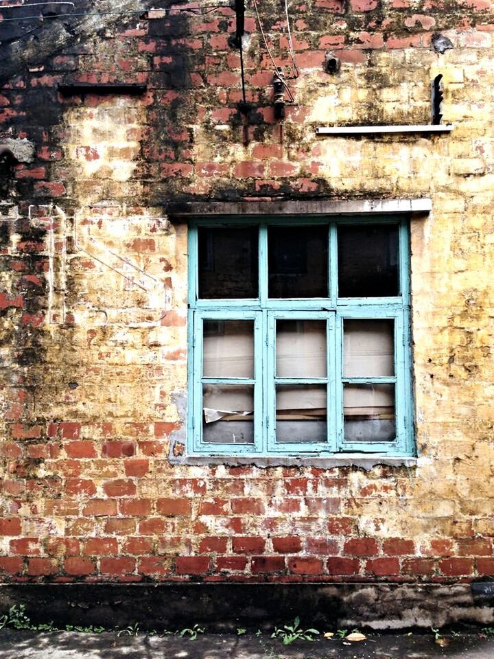 window, architecture, building exterior, built structure, brick wall, wall - building feature, weathered, house, old, wall, brick, damaged, red, abandoned, day, outdoors, residential structure, no people, closed, door