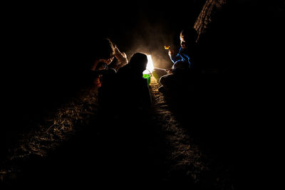 People standing by illuminated fire in the dark