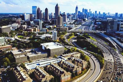 High angle view of cityscape against sky