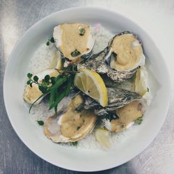 High angle view of seafood in plate on table