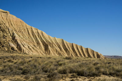 Scenic view of rocky mountains against clear blue sky