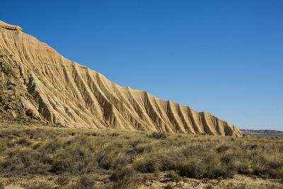 Scenic view of rocky mountains against clear blue sky