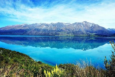 Scenic view of lake against cloudy sky