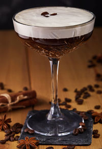 Close-up of wine in glass on table