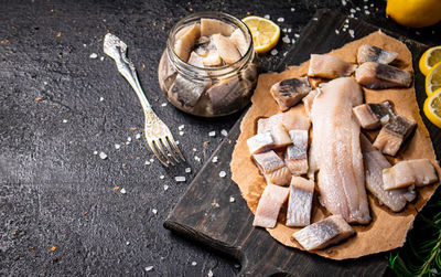 High angle view of food on table