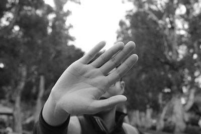 Close-up of hand against trees
