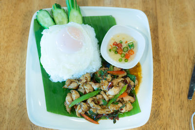 High angle view of food served on table